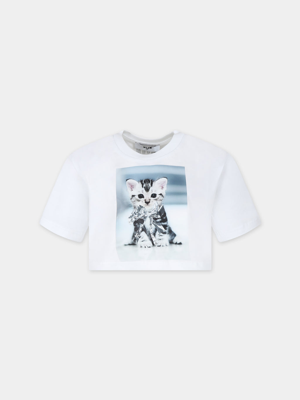 T-shirt crop bianca per bambina con stampa gatto e logo